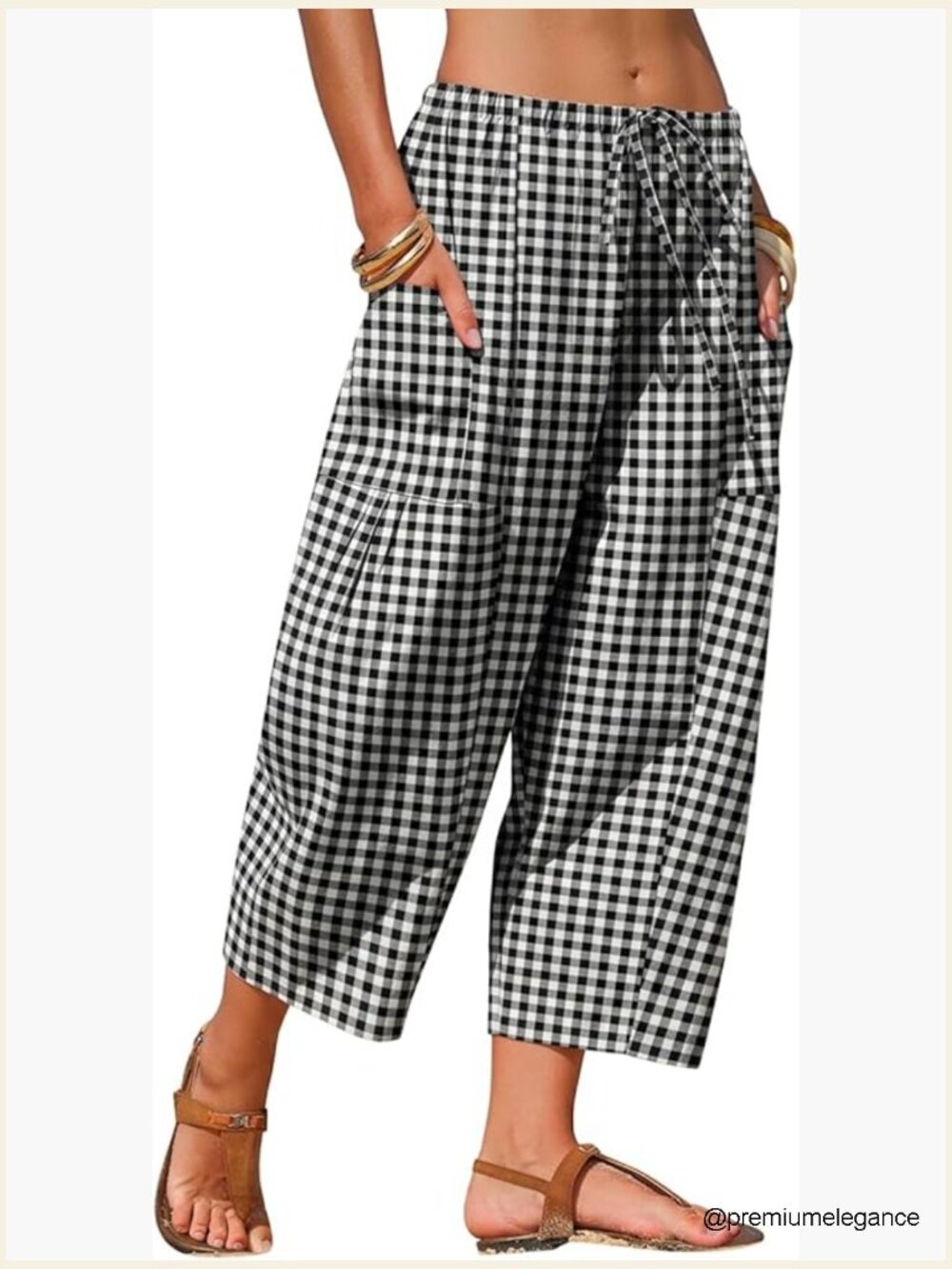 Womens Cotton Faux Linen Gingham Barrel Capri Pants Palazzo Trousers Pockets